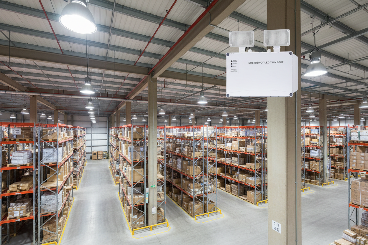 Luminaria de emergencia a altura de luminarias industriales