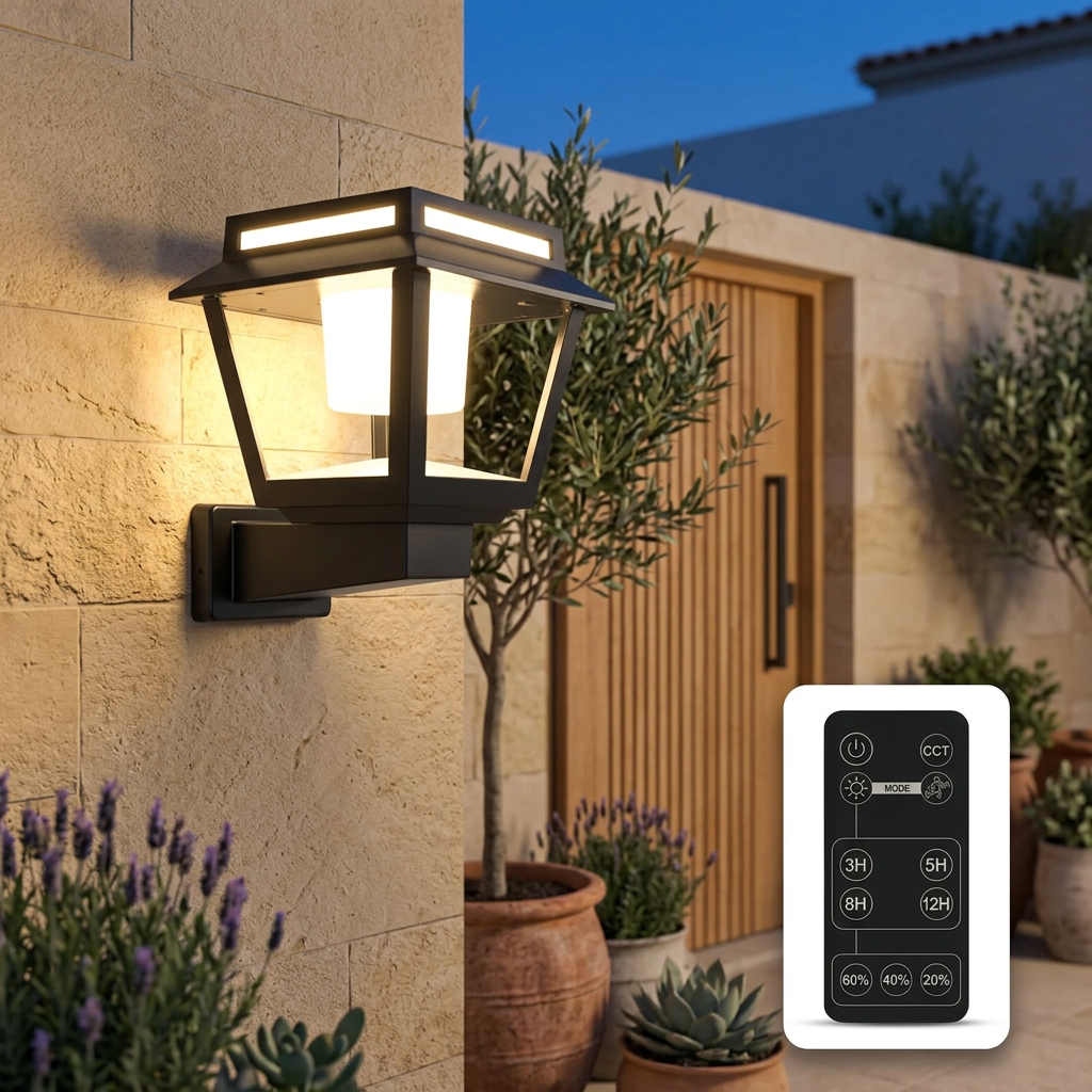 Fanal solar LED 15 W CCT de paret o sobremur amb comandament i sensor IP65