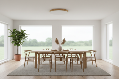 Plafón LED de madera en comedor nórdico