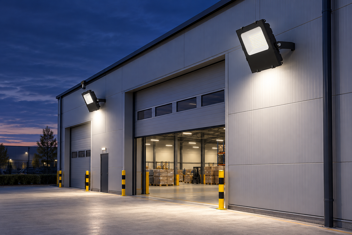 Projectors LED il·luminant l’entrada d’una nau industrial