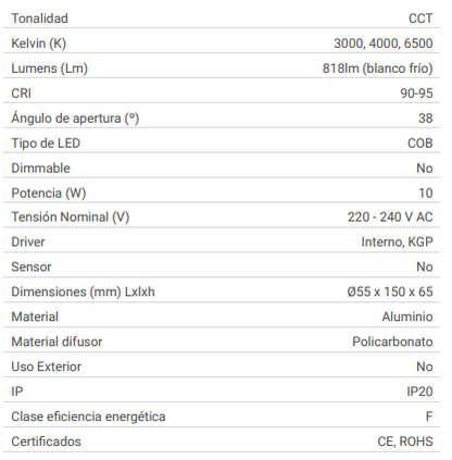 Proyector de carril LED de 10w de alta calidad que destaca por su diseño compacto y su sistema de driver incorporado. Sistema CCT que permite ajustar la temperatura del color en tres tonos luz cálida (3000K), luz neutra (4000K) o luz fría (6500K), mediante un switch incorporado. Es totalmente orientable con un ángulo de luz de 38º,  es ideal para iluminar tiendas, restaurantes y comercios ... etc.