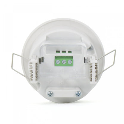 Detector de movimiento infrarrojo (PIR) para instalación en techos interiores, con grado de protección IP20. Su sensor infrarrojo permite detectar cuando alguien ingresa en su campo en un ángulo de 360° y un rango de distancia de hasta 8 metros. Identifica la luz de noche o de día, lo que permite aprovechar eficazmente la energía de los productos LED.
Potencia máxima soportada de 600W (LED) y 1200W (incandescente).