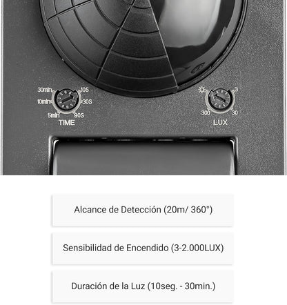 El detector de movimiento tiene un amplio rango de detección de  aproximadamente 20 metros y un ángulo de visión de 360°.
ajuste individual de la intensidad de luz (LUX) y los parámetros de tiempo.