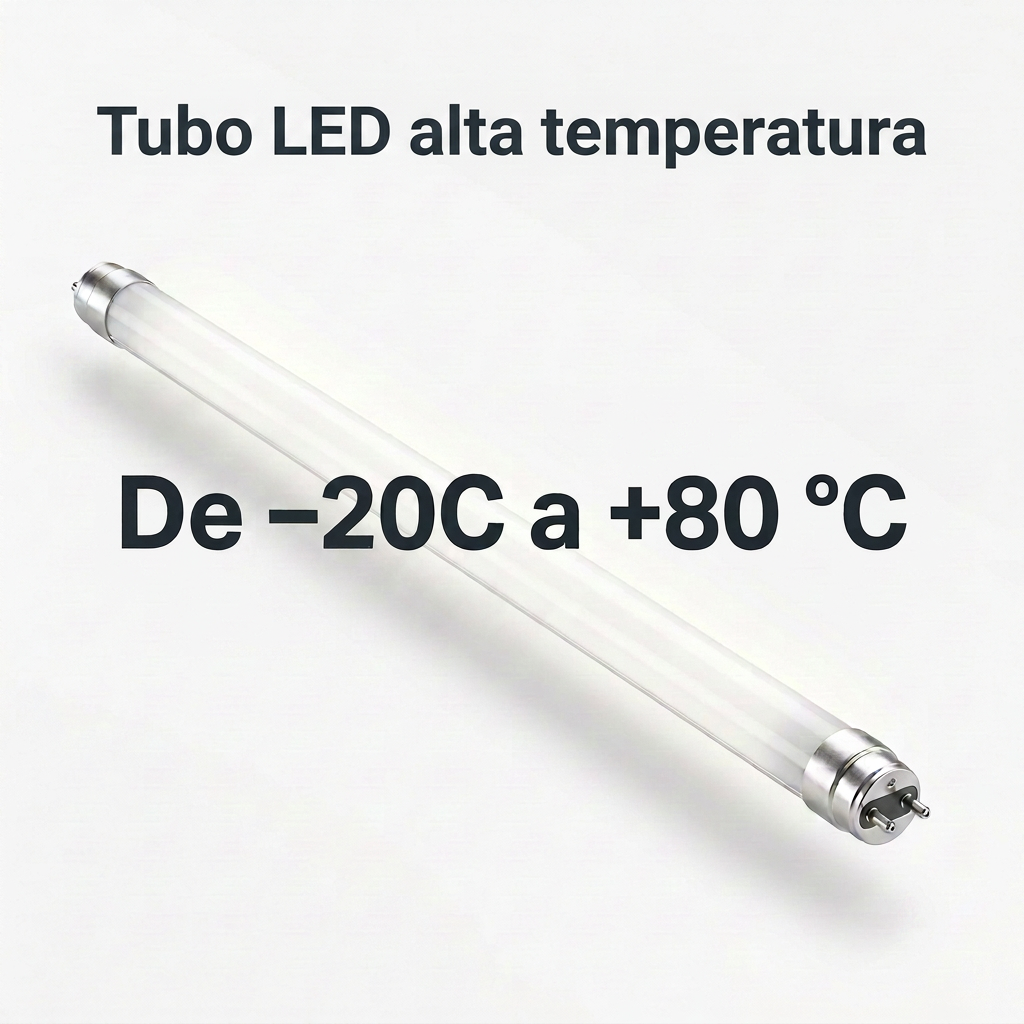 Tub LED amb el text «Tubo LED alta temperatura» i el rang «De −20 °C a +80 °C»