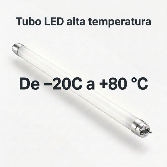 Tub LED amb el text «Tubo LED alta temperatura» i el rang «De −20 °C a +80 °C»