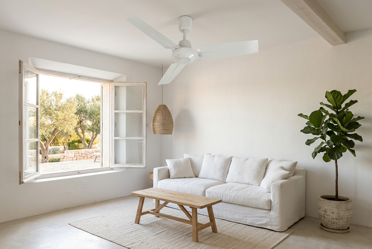 Ventilador de sostre blanc en un saló mediterrani lluminós