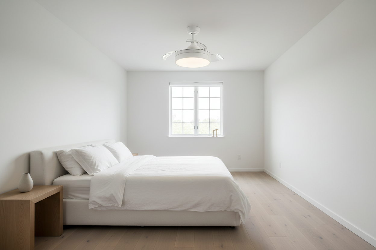 Ventilador en dormitorio nórdico